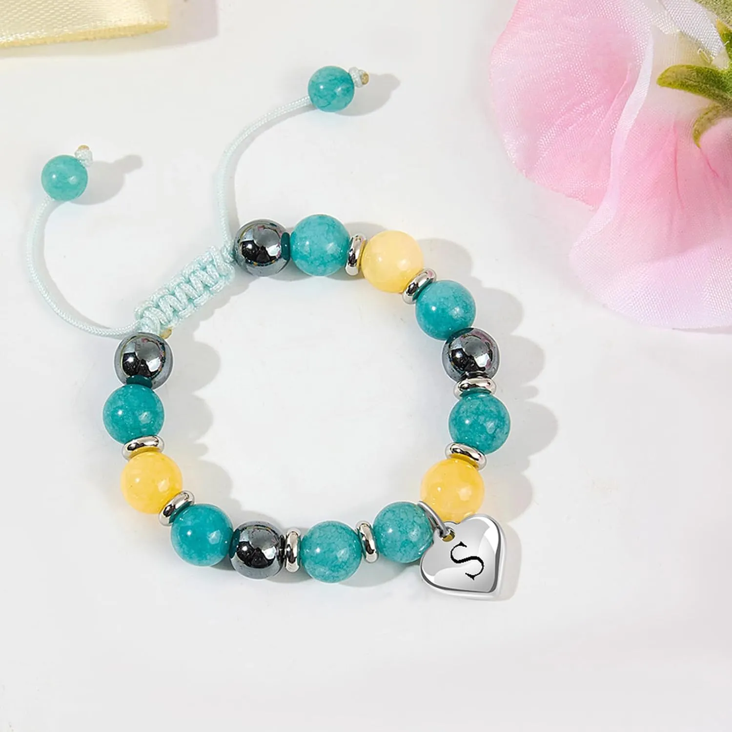 Blue Initials Heart Natural Stone Beaded Bracelet for girl | Adjustable Natural Stone Beaded Bracelets for Girls Jewellery | Daughter/Granddaughter/Niece/Bracelets for Girls Jewellery