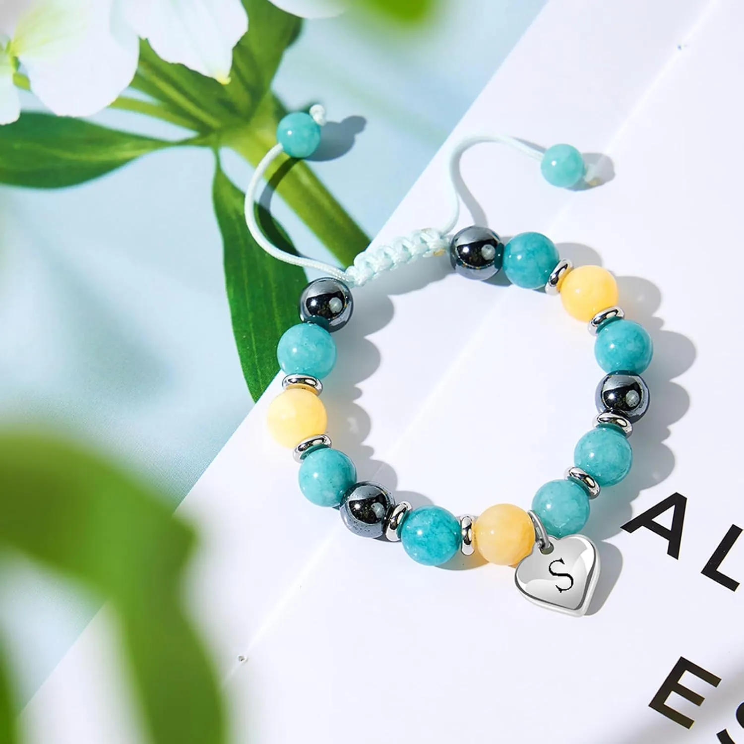 Blue Initials Heart Natural Stone Beaded Bracelet for girl | Adjustable Natural Stone Beaded Bracelets for Girls Jewellery | Daughter/Granddaughter/Niece/Bracelets for Girls Jewellery