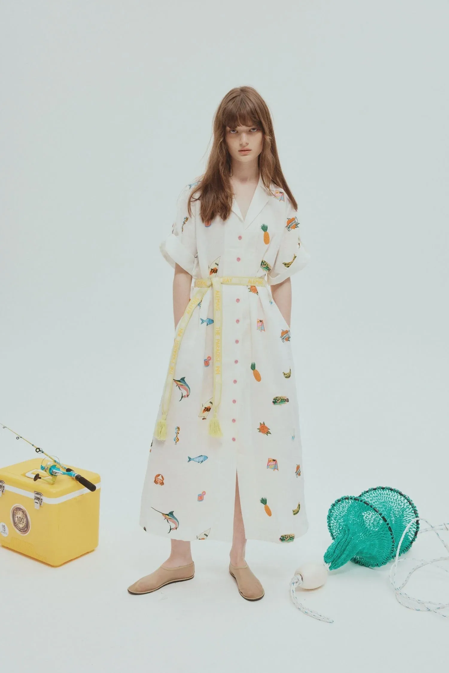 Blue Marlin Embroidered Dress Cream