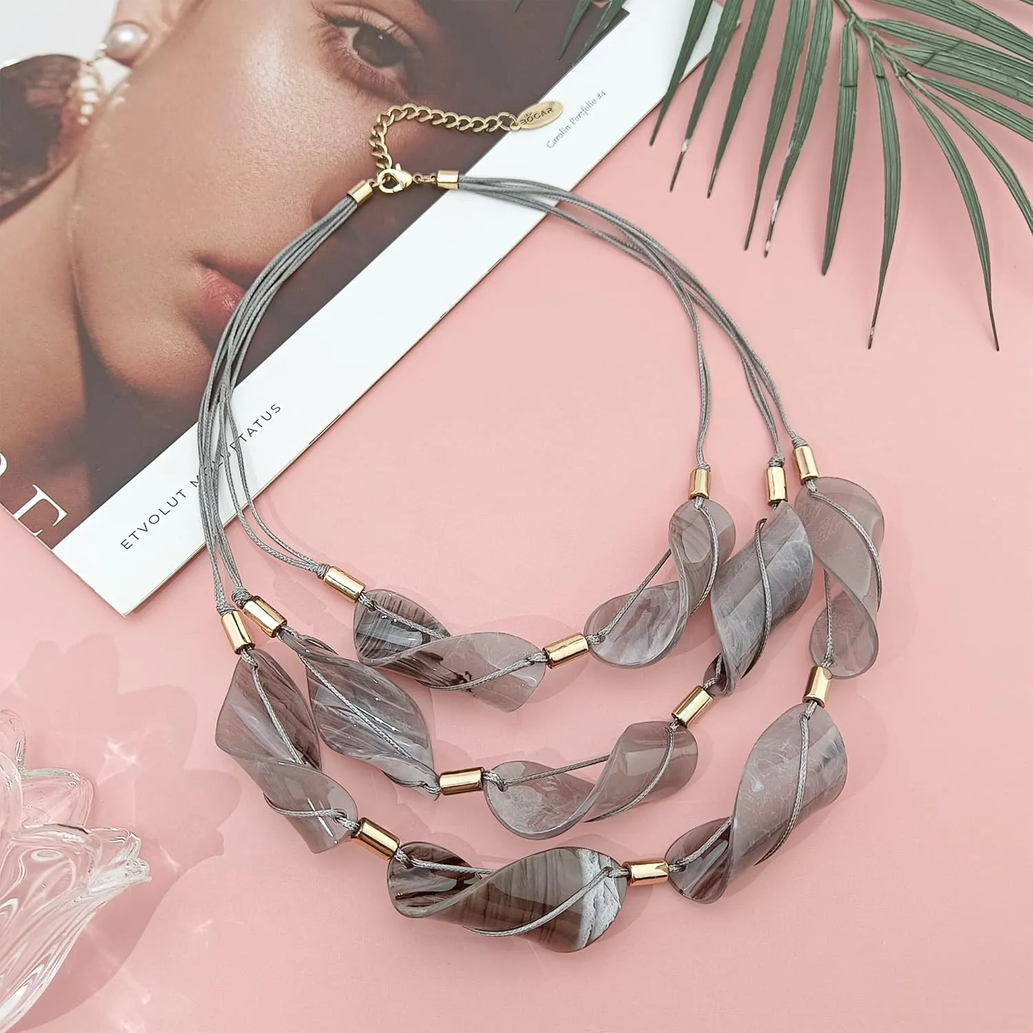 Bocar 3 Strand Statement Acetate Necklace Women Fashion Resin Multi Layered Collar Necklaces