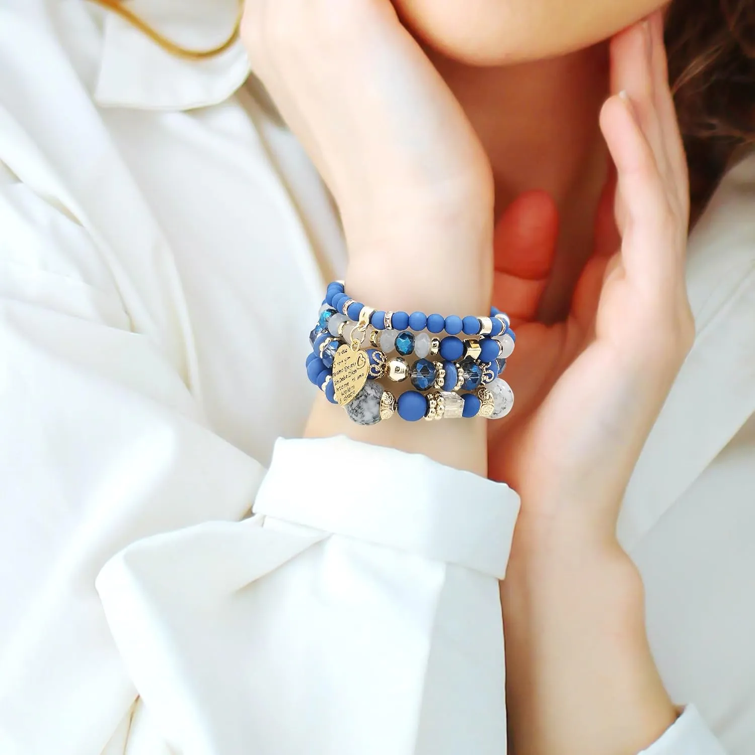 Bohemian Beaded Stretch Bracelet Set, Boho Crystal Jewelry Mothers Birthday Gifts for Women Mom Grandma Girls