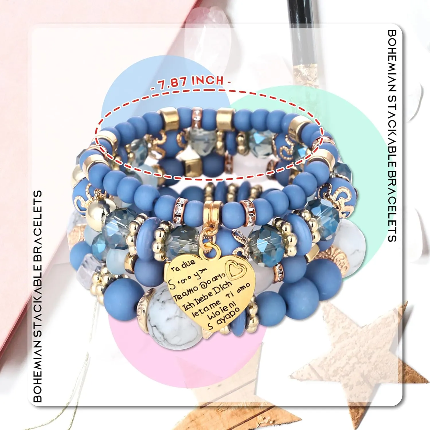 Bohemian Beaded Stretch Bracelet Set, Boho Crystal Jewelry Mothers Birthday Gifts for Women Mom Grandma Girls
