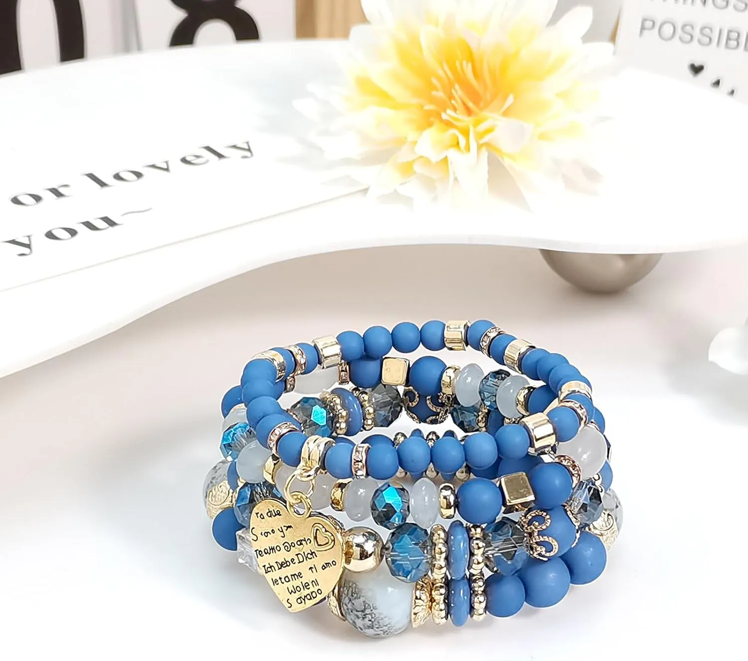 Bohemian Beaded Stretch Bracelet Set, Boho Crystal Jewelry Mothers Birthday Gifts for Women Mom Grandma Girls