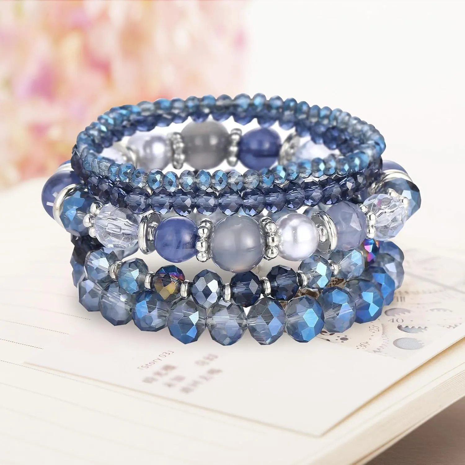 Bohemian Black Beaded Bracelets for Women, Cute Bracelets for Women, Multilayer Disco Ball Bead Stretch Bracelet, Beads Bracelet for Women Black