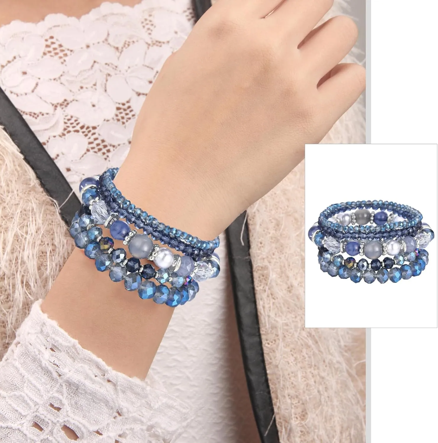 Bohemian Black Beaded Bracelets for Women, Cute Bracelets for Women, Multilayer Disco Ball Bead Stretch Bracelet, Beads Bracelet for Women Black
