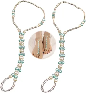 Bohemian Multi-colored Beaded Barefoot Sandals 2pcs Summer Beach Pearl Foot Chain with Toe Ring Crystal Slave Anklet Accessories for Women