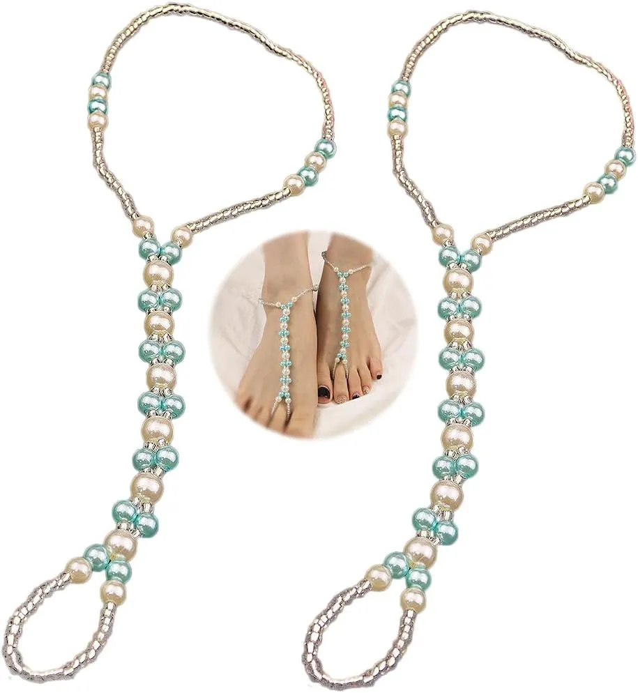 Bohemian Multi-colored Beaded Barefoot Sandals 2pcs Summer Beach Pearl Foot Chain with Toe Ring Crystal Slave Anklet Accessories for Women