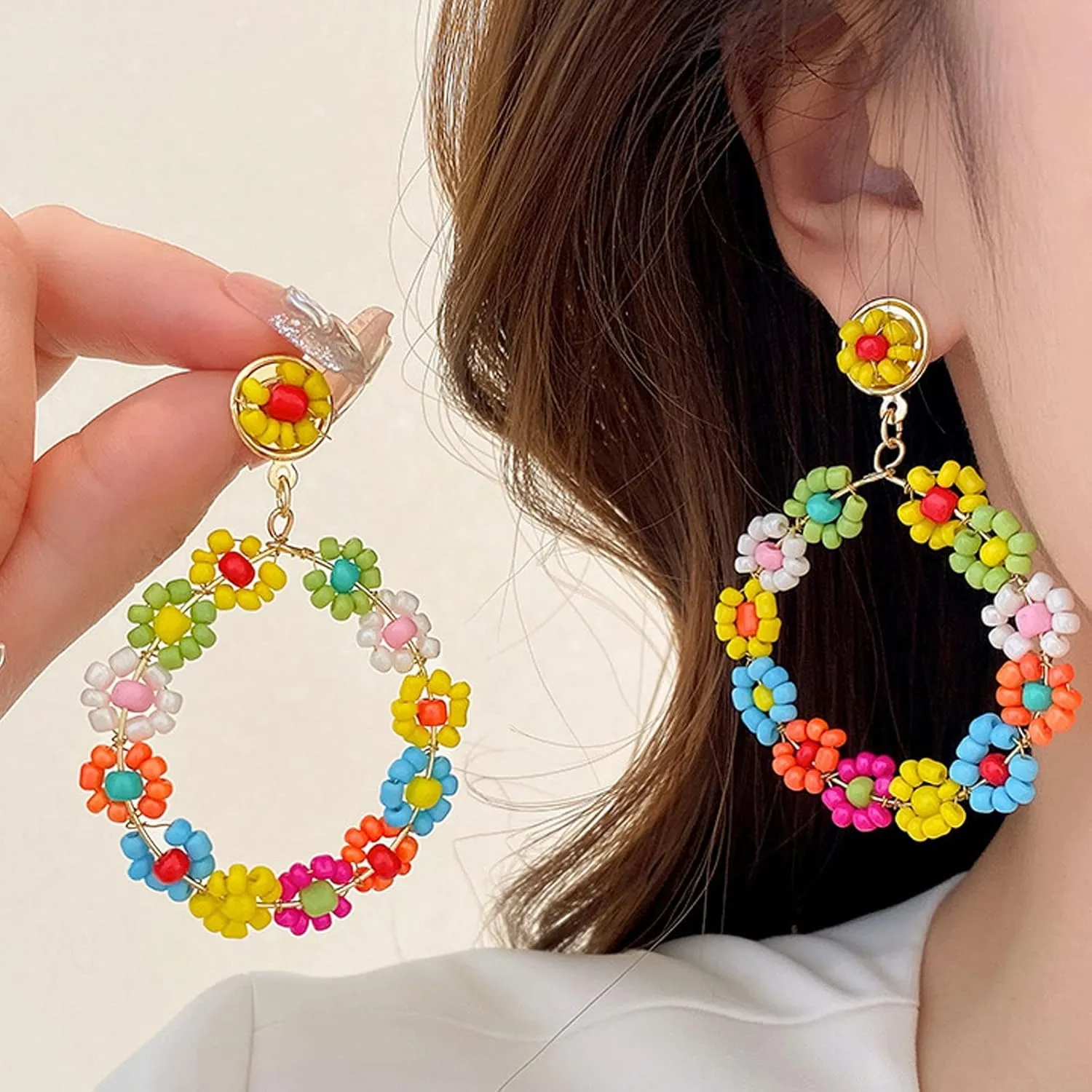 Boho Beaded Hoop Earrings for Women Trendy Boho Jewelry,Bohemian Flower Gold Drop Dangle Beaded Earrings for Summer Statement Earrings
