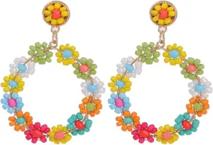 Boho Beaded Hoop Earrings for Women Trendy Boho Jewelry,Bohemian Flower Gold Drop Dangle Beaded Earrings for Summer Statement Earrings