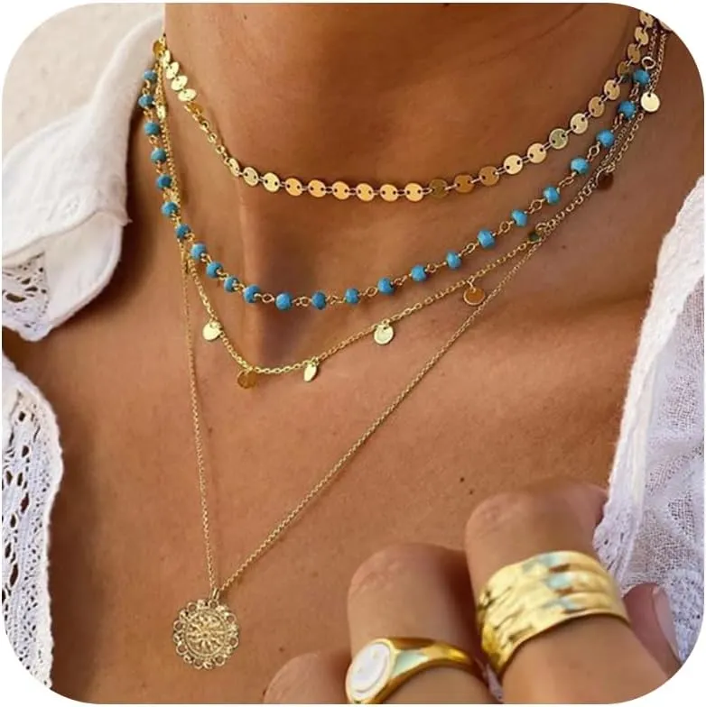 Boho Layered Beaded Necklace for Women - Lightweight Handmade Western Jewelry with Natural Stone Accents for Everyday Boho Chic Outfit