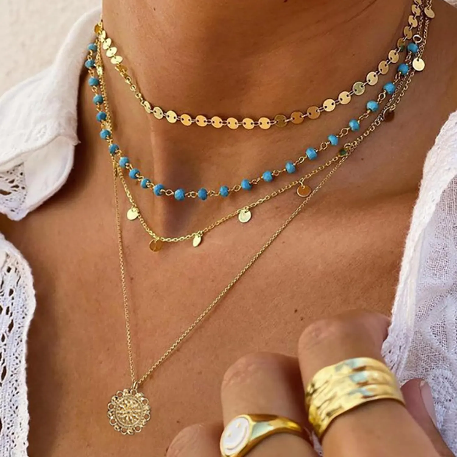 Boho Layered Beaded Necklace for Women - Lightweight Handmade Western Jewelry with Natural Stone Accents for Everyday Boho Chic Outfit