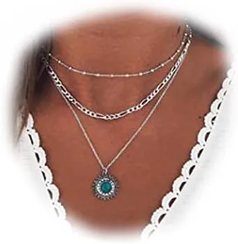 Boho Layered Necklaces Silver Turquoise Pendant Necklace Handmade Beach Chain Jewelry for Women