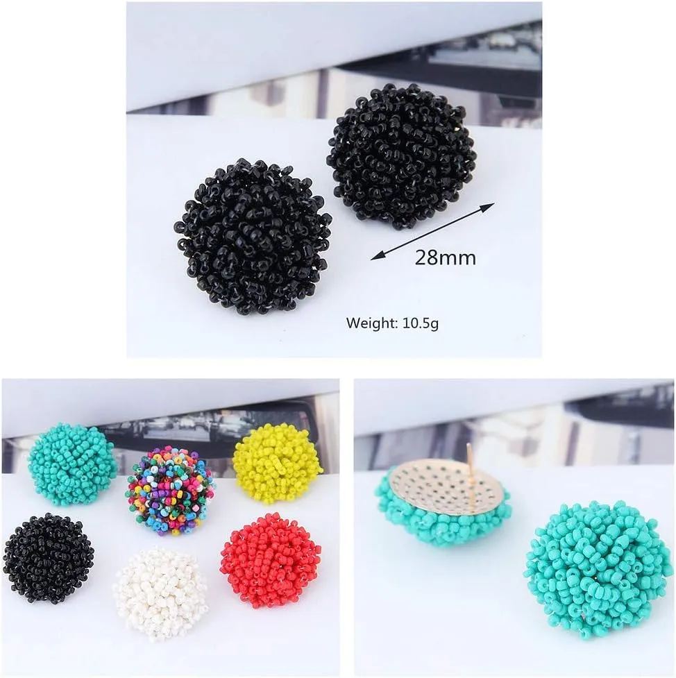 Boho Statement Beaded Stud Earrings for Women Teen Girls Piercing Ear Big Round Cuff Post Screw Back Bohemia Handmade Colorful Seed Mini Beads Cluster Wrap Whimsical Fashion Earrings Jewelry
