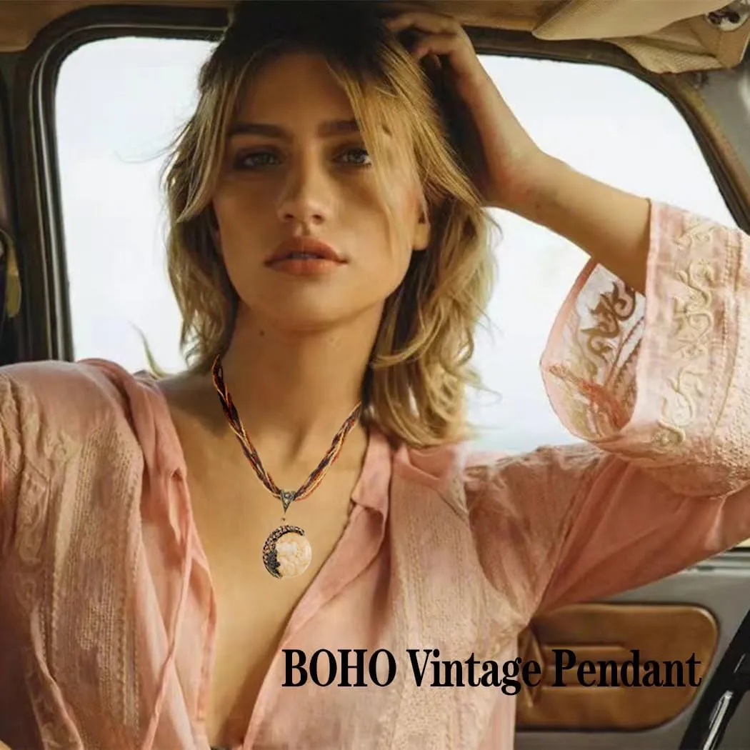 Boho Stone Pendant Necklace Tribal Choker Necklaces Fashion Beaded Jewelry for Women