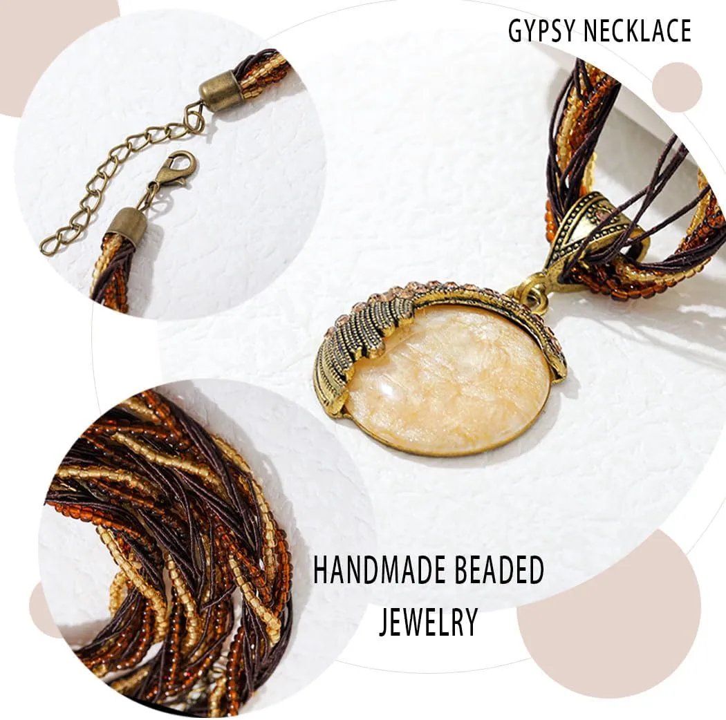 Boho Stone Pendant Necklace Tribal Choker Necklaces Fashion Beaded Jewelry for Women
