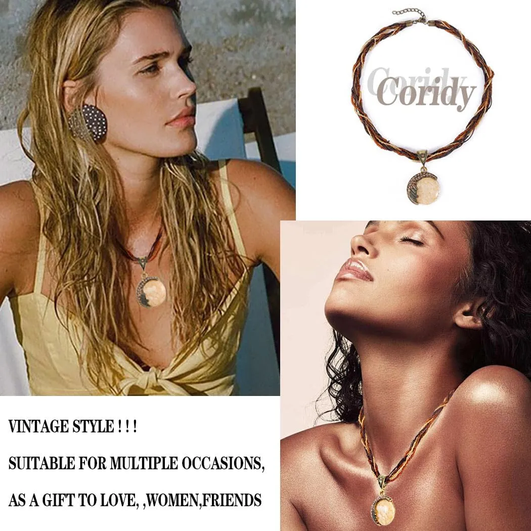 Boho Stone Pendant Necklace Tribal Choker Necklaces Fashion Beaded Jewelry for Women