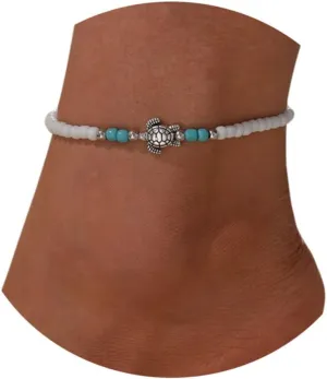 Boho Turquoise Anklet Bracelet Beach Bead Anklet Sliver Turtle Anklet Fashion Summer Beach Waterproof Foot Jewelry for Women and Teen Girls, 0in, White