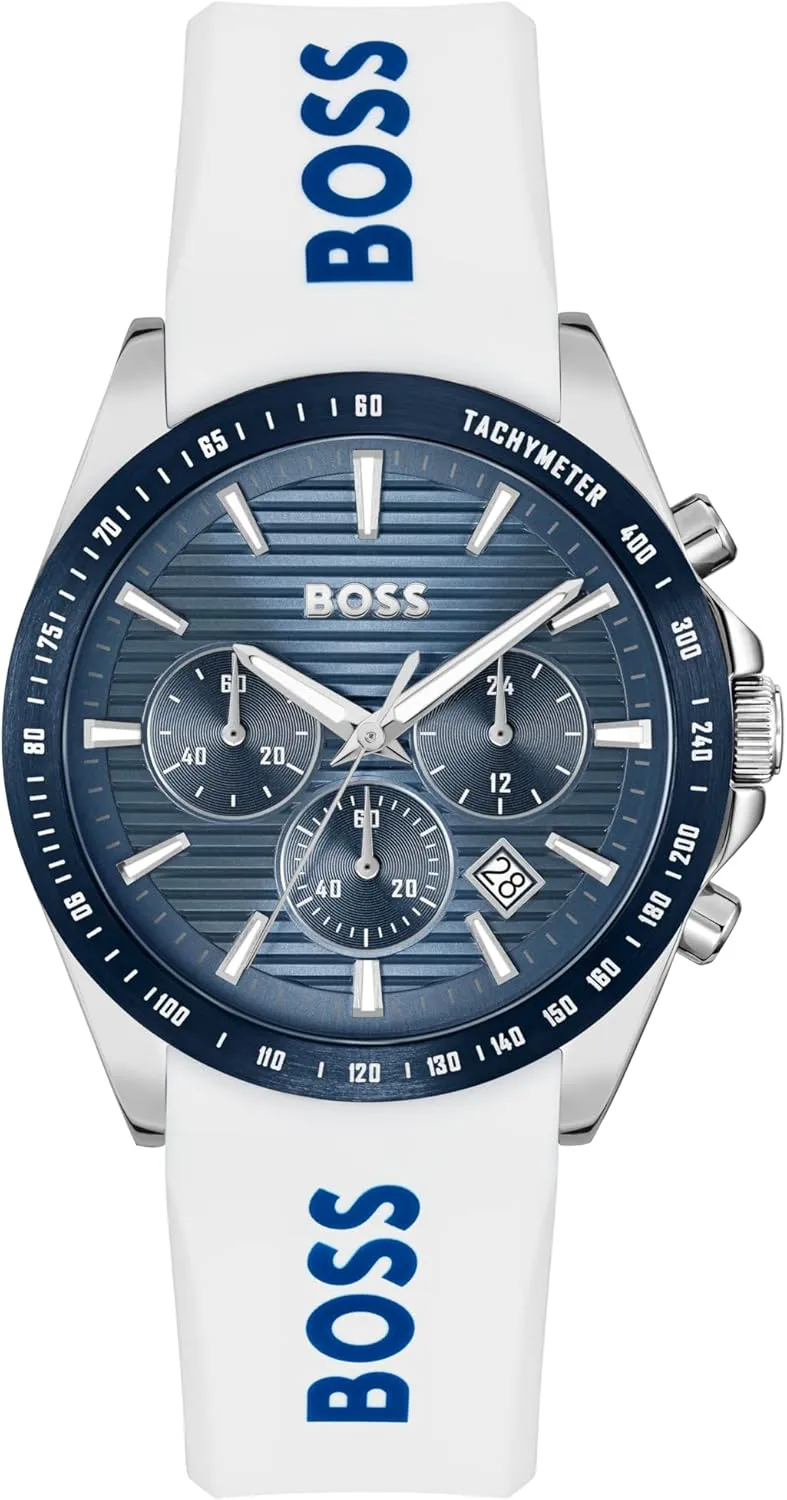 BOSS Men's Strike Chrono Watch  Stainless Steel Case, Date Function, Quartz Chronograph Movement, H-Link Bracelet or Silicone Strap, Sporty and Bold Design - Gift for Him