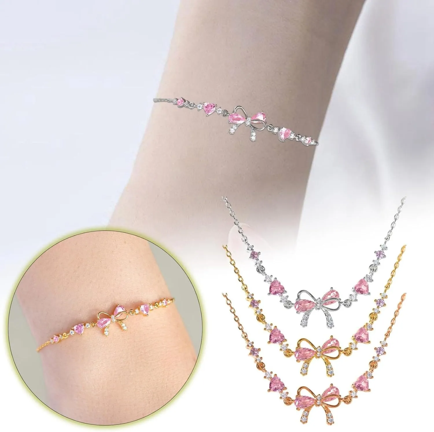 Bow Bracelet for Women - Adjustable Bow Beaded Chain Bracelet,Bow Zircon-Bracelet,Silver Pendant Jewelry Gifts for Mother's Day Wife Mom Valentines Friendship Bridesmaid Proposal