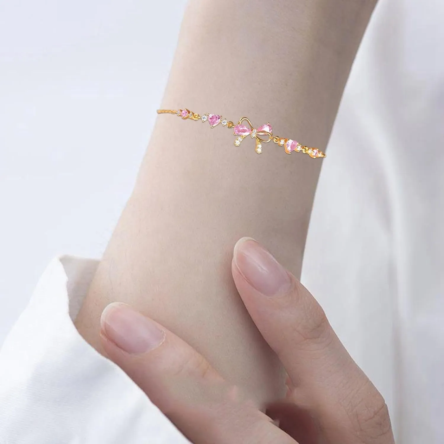 Bow Bracelet for Women - Adjustable Bow Beaded Chain Bracelet,Bow Zircon-Bracelet,Silver Pendant Jewelry Gifts for Mother's Day Wife Mom Valentines Friendship Bridesmaid Proposal