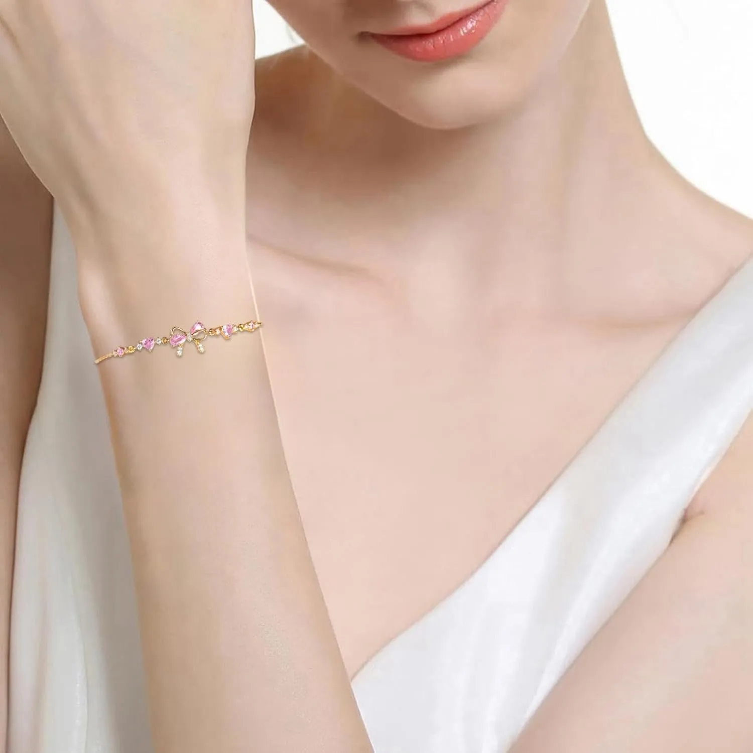 Bow Bracelet for Women - Adjustable Bow Beaded Chain Bracelet,Bow Zircon-Bracelet,Silver Pendant Jewelry Gifts for Mother's Day Wife Mom Valentines Friendship Bridesmaid Proposal