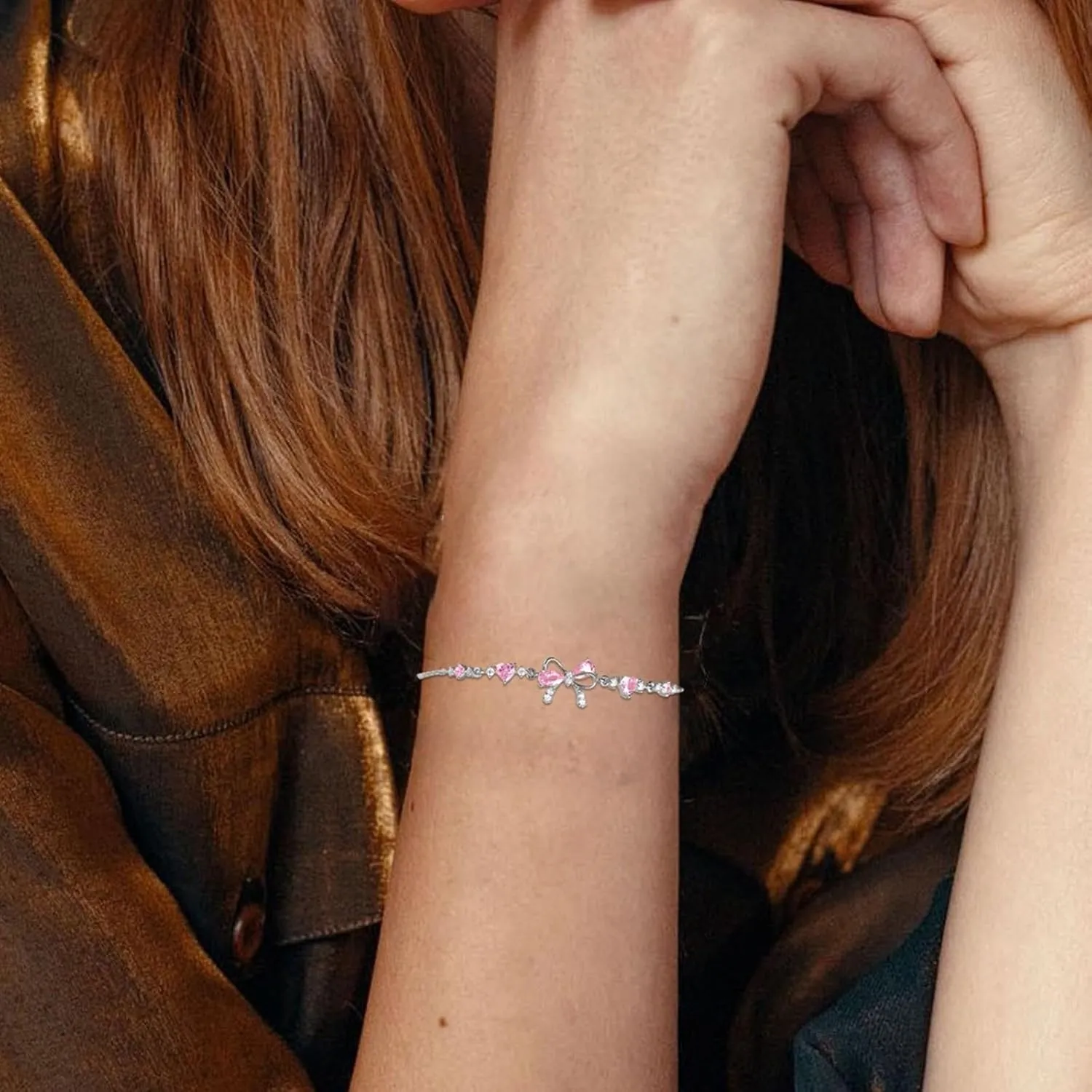 Bow Bracelet for Women - Adjustable Bow Beaded Chain Bracelet,Bow Zircon-Bracelet,Silver Pendant Jewelry Gifts for Mother's Day Wife Mom Valentines Friendship Bridesmaid Proposal