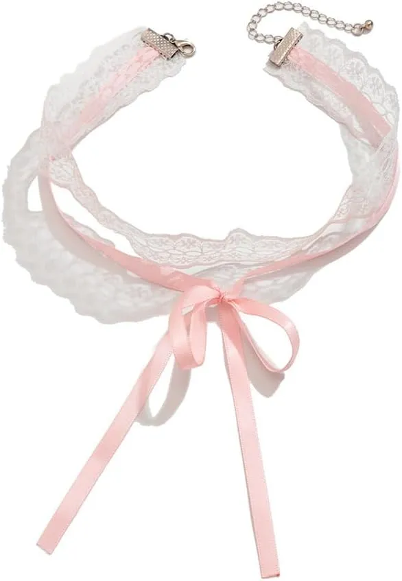 Bow Double Layers Lace Choker Necklace for Women Pink Bowtie Collarbone Chain Sweet Minimalist Post Ribbon Knot Adjustable Layered Stacking Link Chain Jewelry