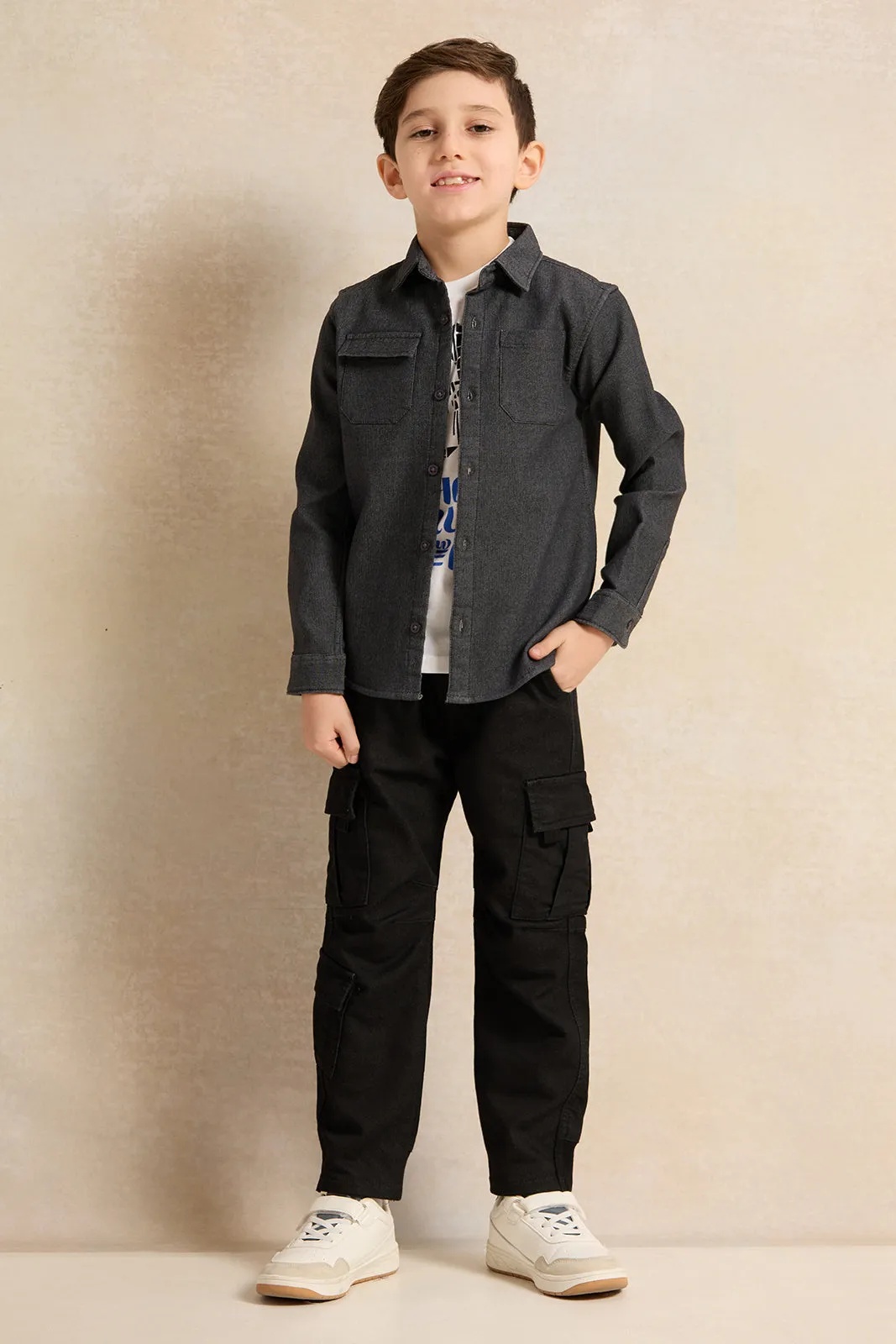 Boys Brown And White Shirt With T-Shirt (2 Piece)
