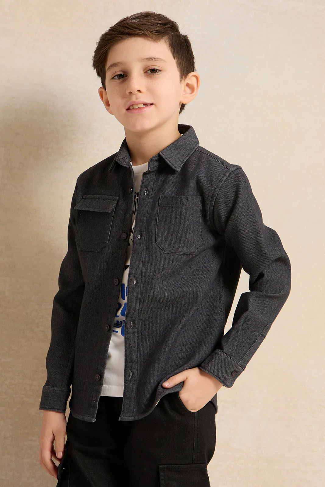 Boys Brown And White Shirt With T-Shirt (2 Piece)
