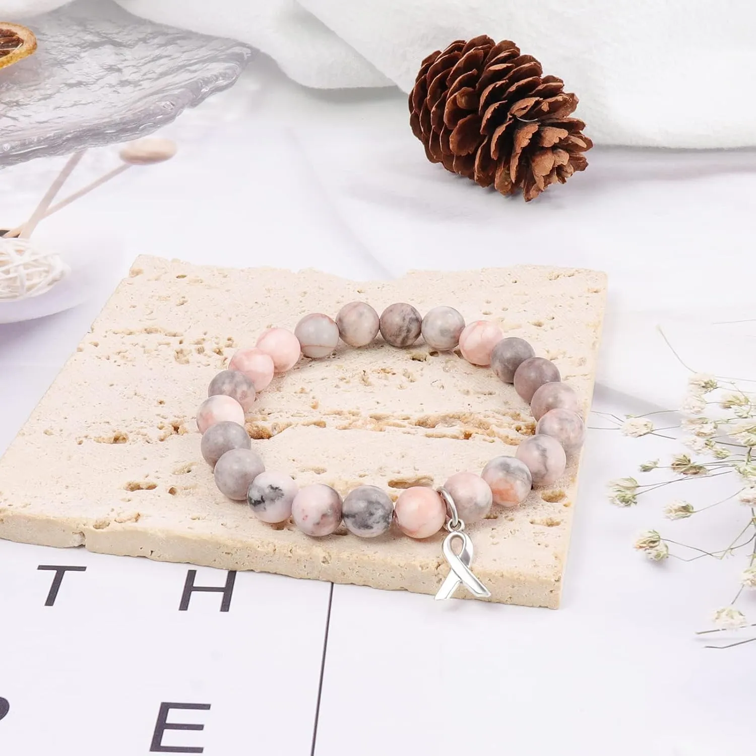 Breast Cancer Bracelets Natural Stone Bead Ribbon Inspirational Awareness Bracelets Encouragement Handmade Gifts for Women Girls Best Friend Sister