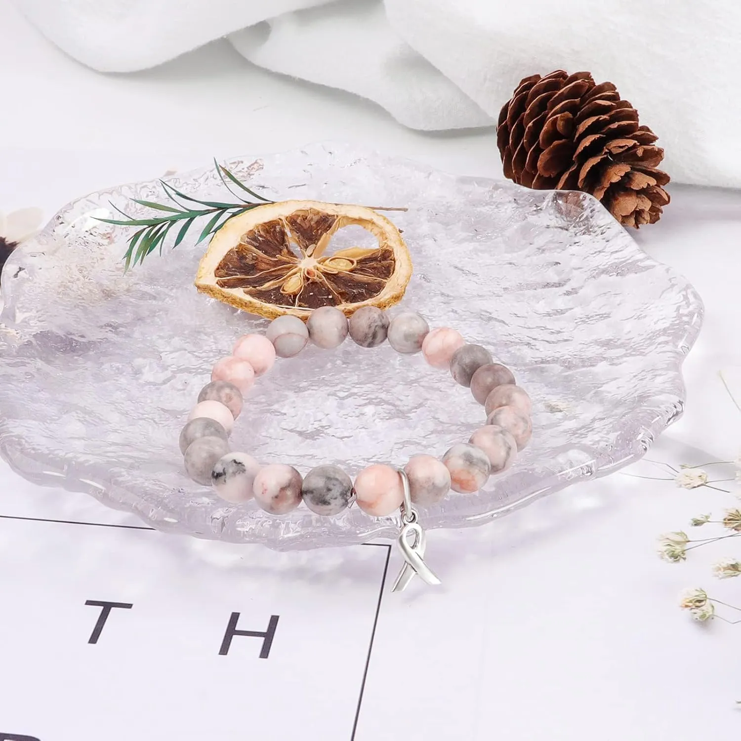 Breast Cancer Bracelets Natural Stone Bead Ribbon Inspirational Awareness Bracelets Encouragement Handmade Gifts for Women Girls Best Friend Sister
