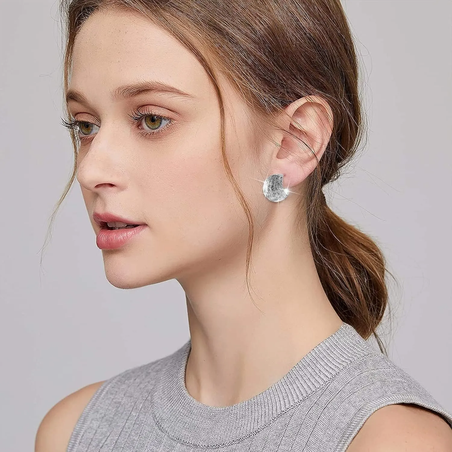 Brushed C-Shaped Earrings Gold Hoop Earrings for Women Hypoallergenic 925 Sterling Silver Post 14K Gold Plated Silver Plated Earrings for Women Trendy Lightweight