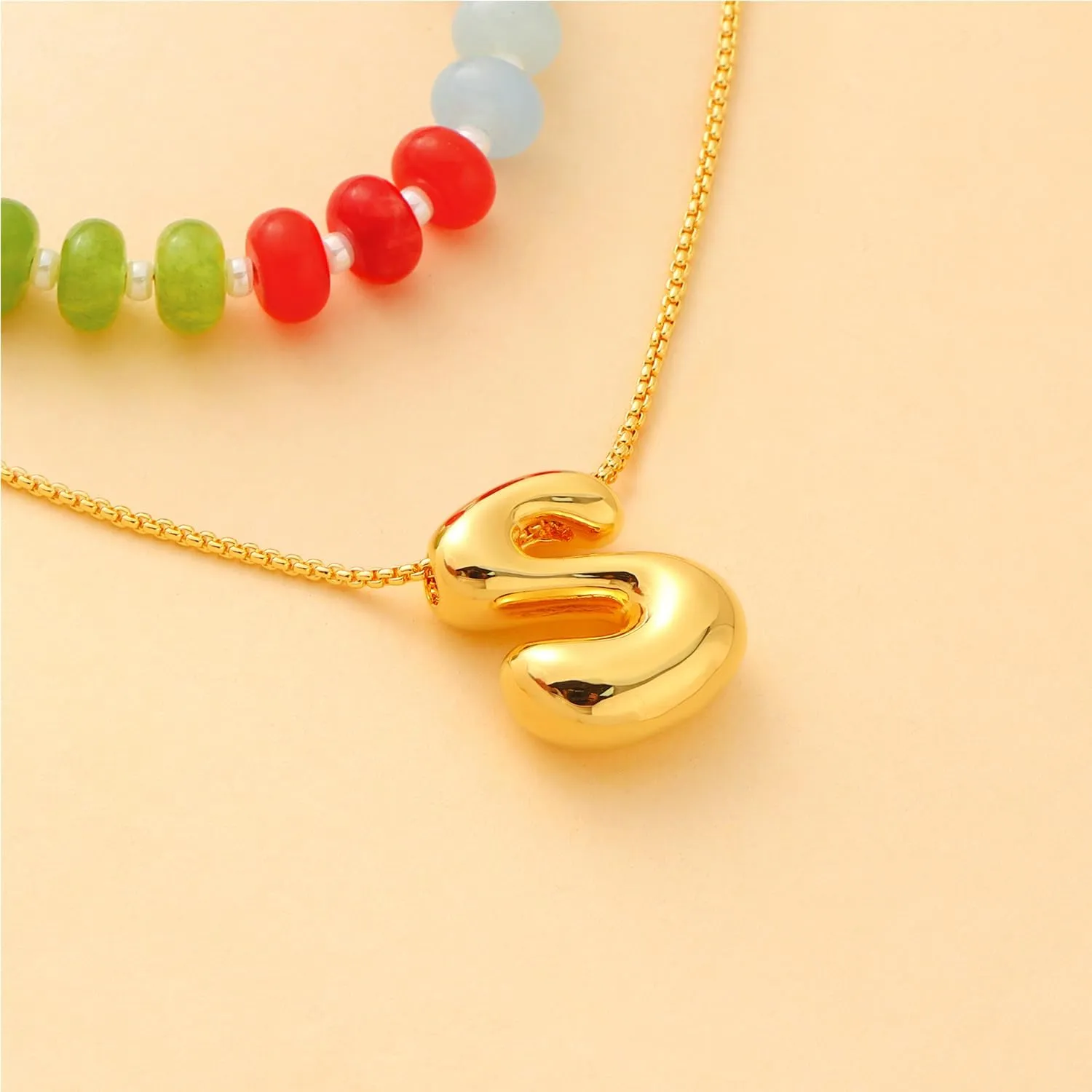 Bubble Beaded Necklaces for Women, Letter Boho Rainbow Colorful Natural Stone Summer Necklace for Women, Gold-Plated Initial Necklace