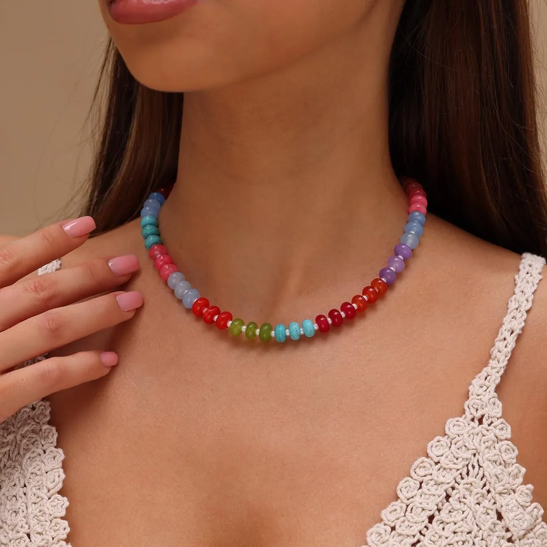 Bubble Beaded Necklaces for Women, Letter Boho Rainbow Colorful Natural Stone Summer Necklace for Women, Gold-Plated Initial Necklace