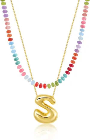 Bubble Beaded Necklaces for Women, Letter Boho Rainbow Colorful Natural Stone Summer Necklace for Women, Gold-Plated Initial Necklace