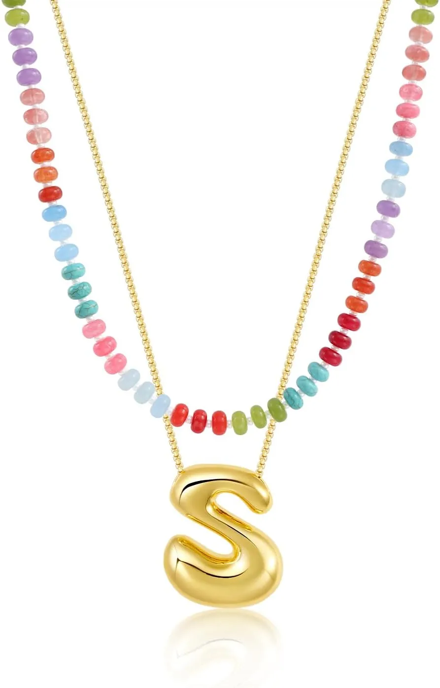 Bubble Beaded Necklaces for Women, Letter Boho Rainbow Colorful Natural Stone Summer Necklace for Women, Gold-Plated Initial Necklace