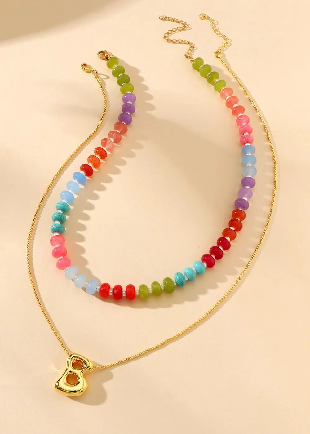 Bubble Beaded Necklaces for Women, Letter Boho Rainbow Colorful Natural Stone Summer Necklace for Women, Gold-Plated Initial Necklace