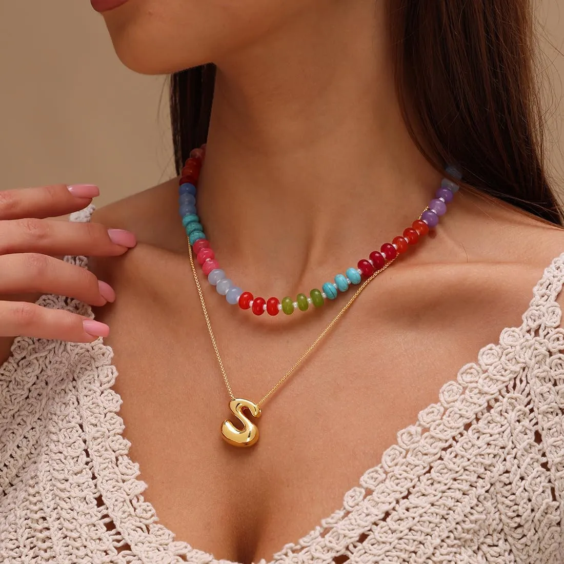 Bubble Beaded Necklaces for Women, Letter Boho Rainbow Colorful Natural Stone Summer Necklace for Women, Gold-Plated Initial Necklace