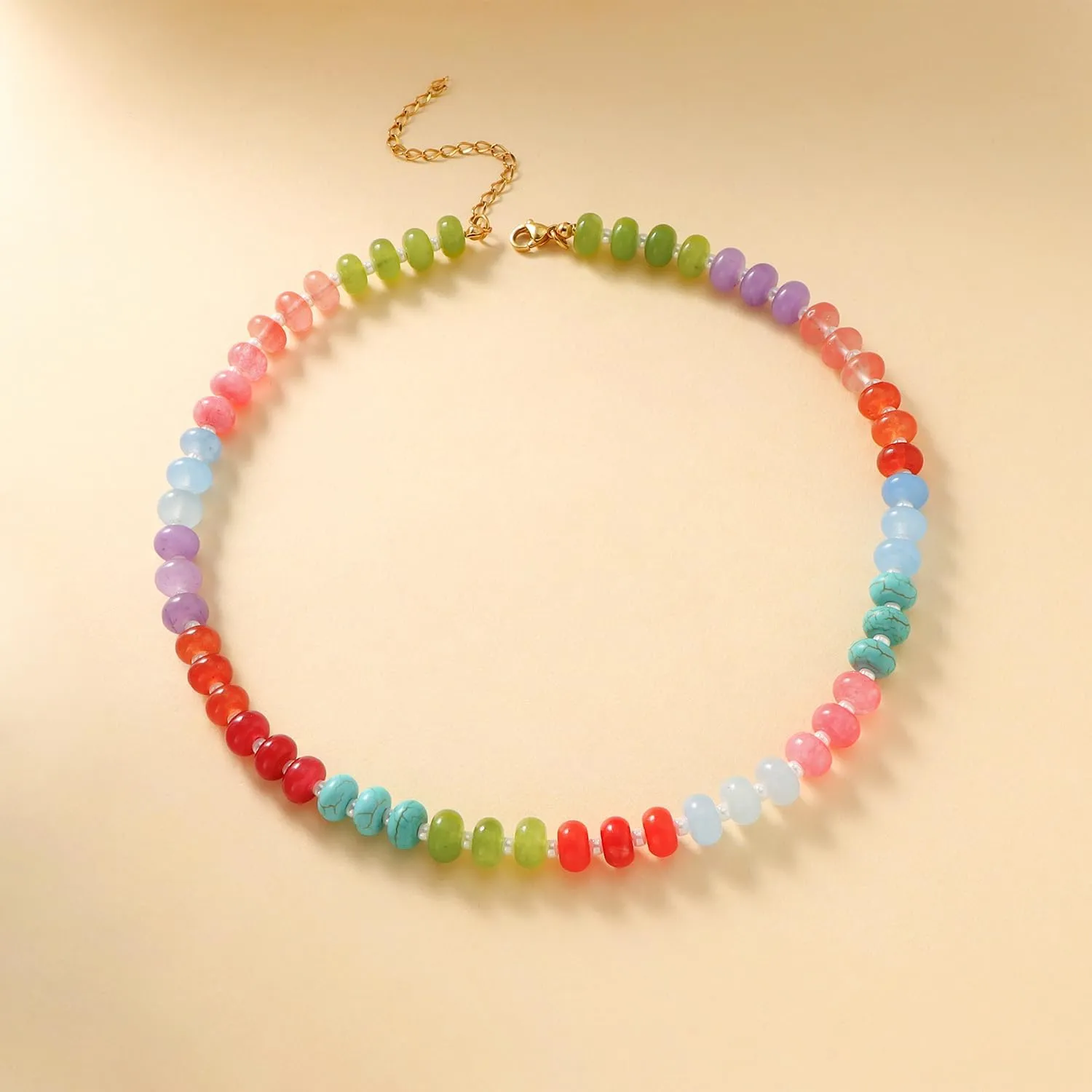 Bubble Beaded Necklaces for Women, Letter Boho Rainbow Colorful Natural Stone Summer Necklace for Women, Gold-Plated Initial Necklace