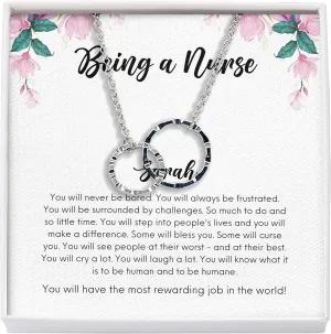 Bubble Hugs Personalized Nurse Necklace Silver Plated Interlocking Rings - Being a Nurse - Custom Name for Registered Nurse Workers RN CRNA Thank You
