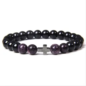 Buddhism Prayer Cross Bracelets Men Natural Healing Energy Polihsed Amethysts Pulsera Women Black Onyx Bangle 17cm Reddish Brown