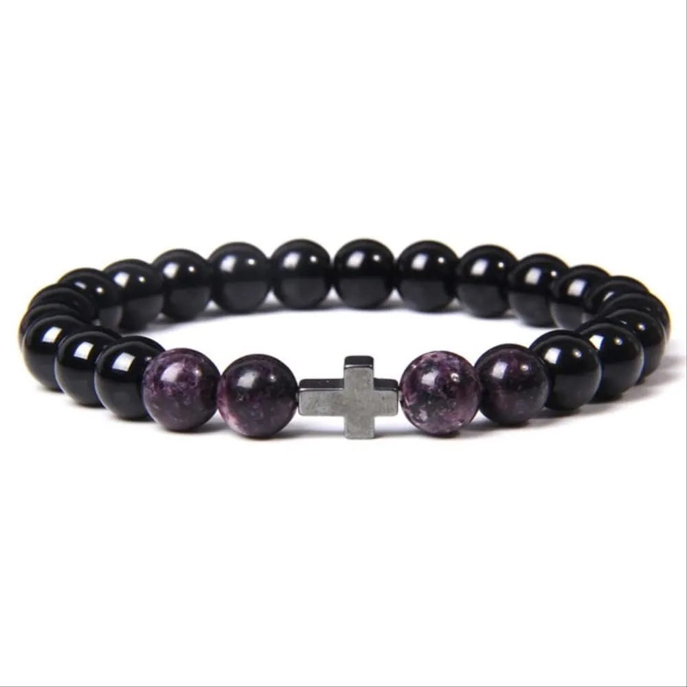 Buddhism Prayer Cross Bracelets Men Natural Healing Energy Polihsed Amethysts Pulsera Women Black Onyx Bangle 17cm Reddish Brown