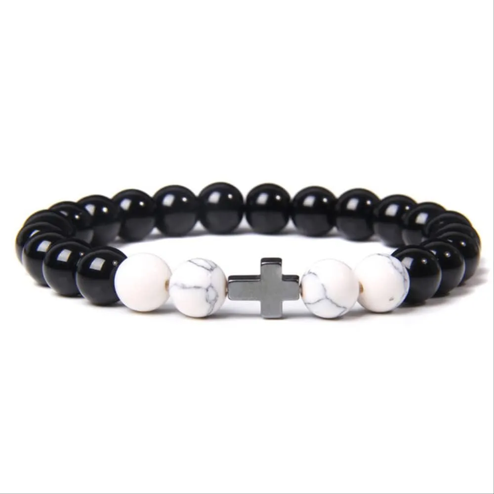 Buddhism Prayer Cross Bracelets Men Natural Healing Energy Polihsed Amethysts Pulsera Women Black Onyx Bangle 19cm Vermeil