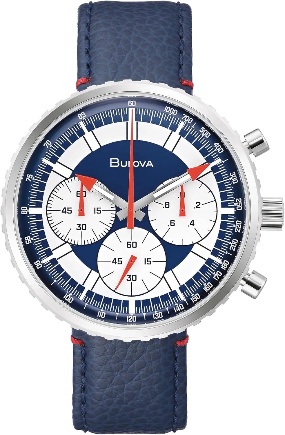 Bulova Men's Archive Series 'Chronograph C' 6-Hand Chronograph High Performance Quartz Stainless Steel Watch with Blue Leather Strap Style: 96A283