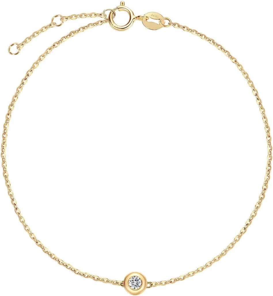 Carleen 18K Solid Gold Solitaire One Genuine Bezel Set Small Tiny Round 0.10ct Diamond Layered Mixed Dainty Bracelet Minimalist Delicate Fine Jewelry for Women Girls, 6.7" 1.2"