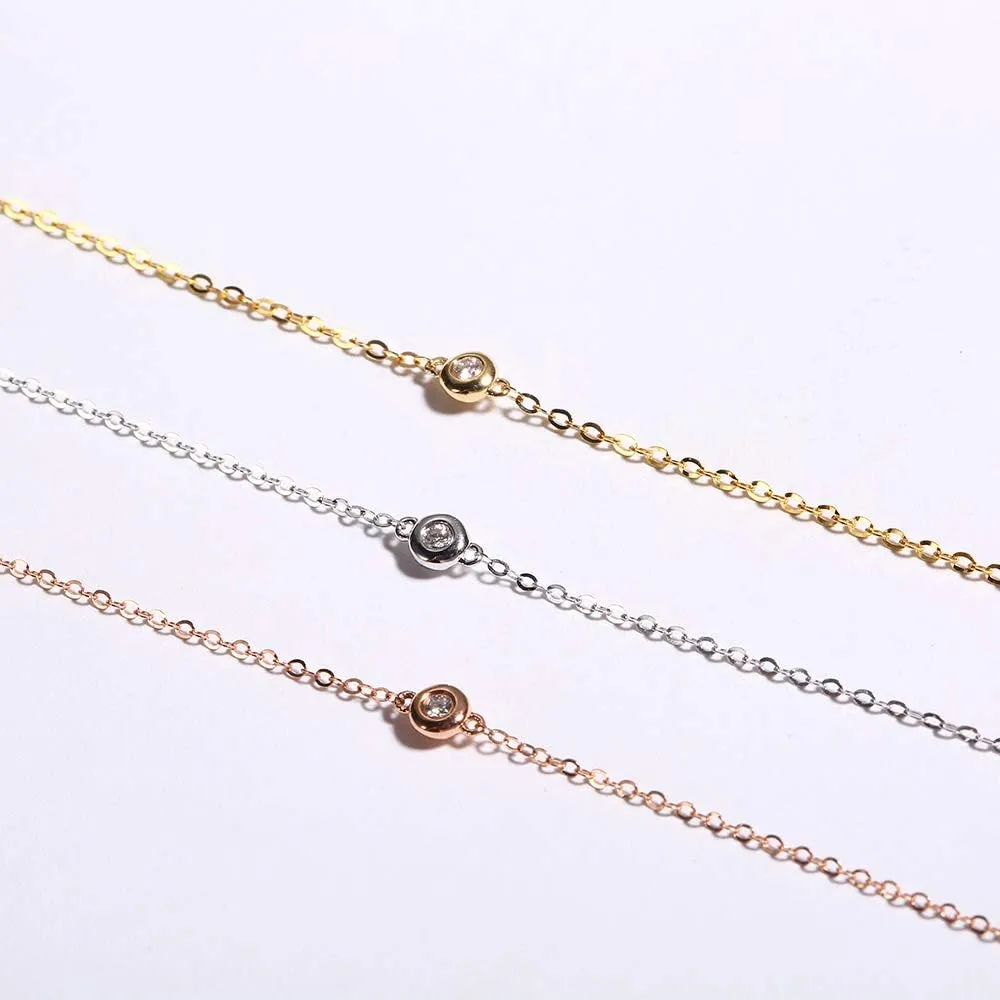 Carleen 18K Solid Gold Solitaire One Genuine Bezel Set Small Tiny Round 0.10ct Diamond Layered Mixed Dainty Bracelet Minimalist Delicate Fine Jewelry for Women Girls, 6.7" 1.2"