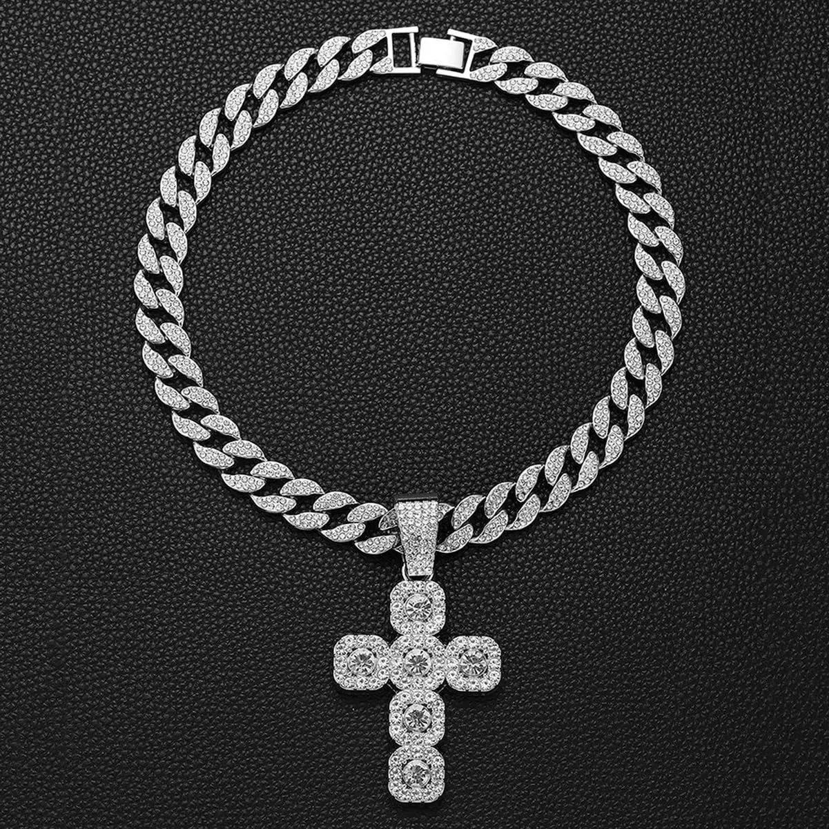 Carved Heart CZ Pendant Cuban Chain Link Choker Necklace for Men Women Fake Diamond Iced out Bling Hip-hop 90s Rapper Rocker Costume Party Jewelry