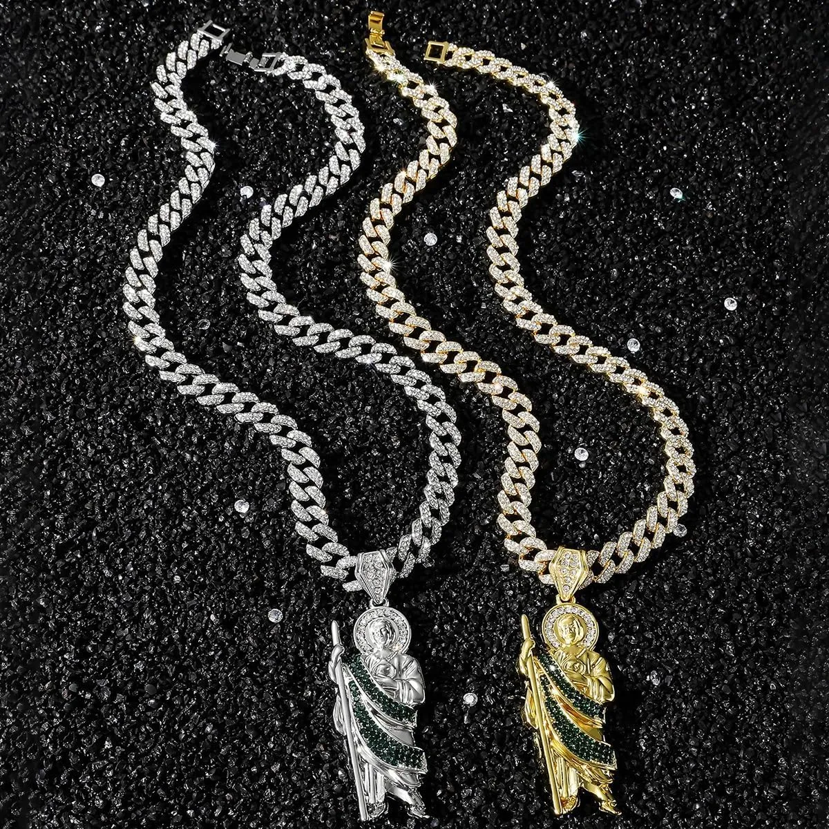 Carved Heart CZ Pendant Cuban Chain Link Choker Necklace for Men Women Fake Diamond Iced out Bling Hip-hop 90s Rapper Rocker Costume Party Jewelry