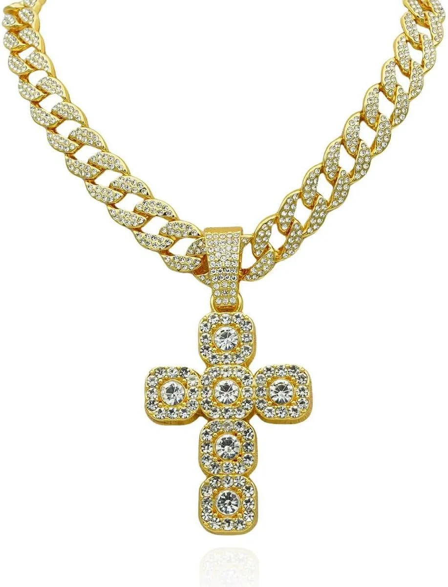 Carved Heart CZ Pendant Cuban Chain Link Choker Necklace for Men Women Fake Diamond Iced out Bling Hip-hop 90s Rapper Rocker Costume Party Jewelry