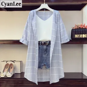 Casual 3 Piece Set Sleeve Plaid Long Hoodies Sunscreen Shirts   Knitted Vest   Hole Denim Short Sets